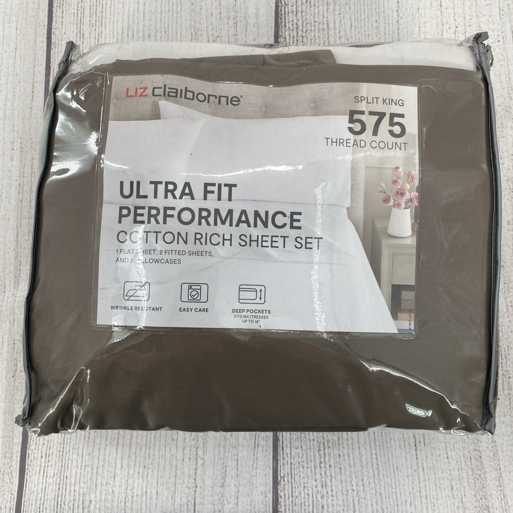 Liz Claiborne Sheet Set SPLIT KING Classic Taupe 575 Thread Count Cotton Blend
